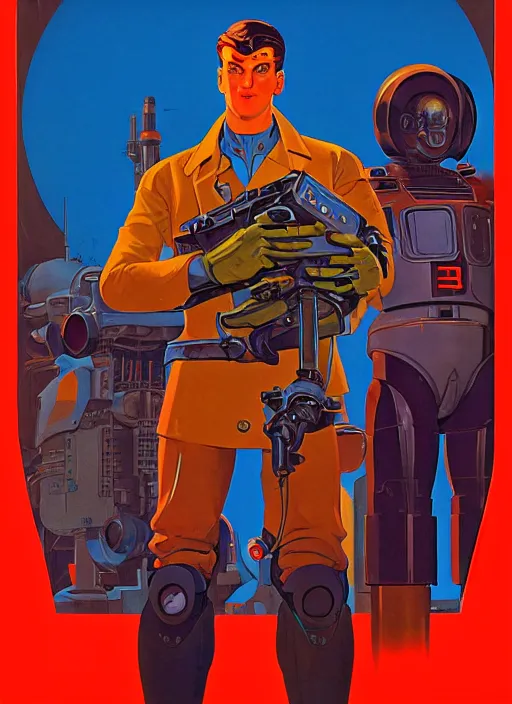 Image similar to soviet propaganda poster. cyberpunk mech pilot. portrait by jean giraud and anton otto fischer and john philip falter and will eisner and gil elvgren and pixar. realistic proportions. character art. science fiction d & d. tf 2, overwatch, rb 6 s, cyberpunk 2 0 7 7, blade runner 2 0 4 9.