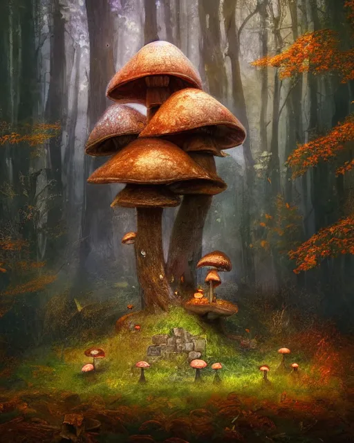 Prompt: a tall cute mushroom house in a magical forest in autumn, home for fairies and sprites, cinematic, stunning, adorable, artstation, smooth, hard focus, illustration, art by jessica rossier and and brian froud