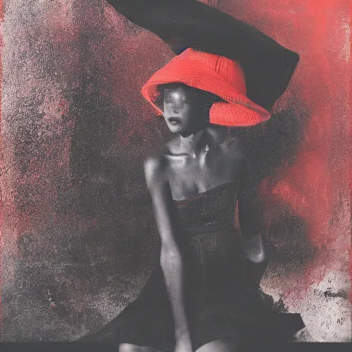 Image similar to half - length portrait of girl in a red hat and black dress, fine art portrait photography by paolo roversi, volumetric lighting, very detailed, high resolution,