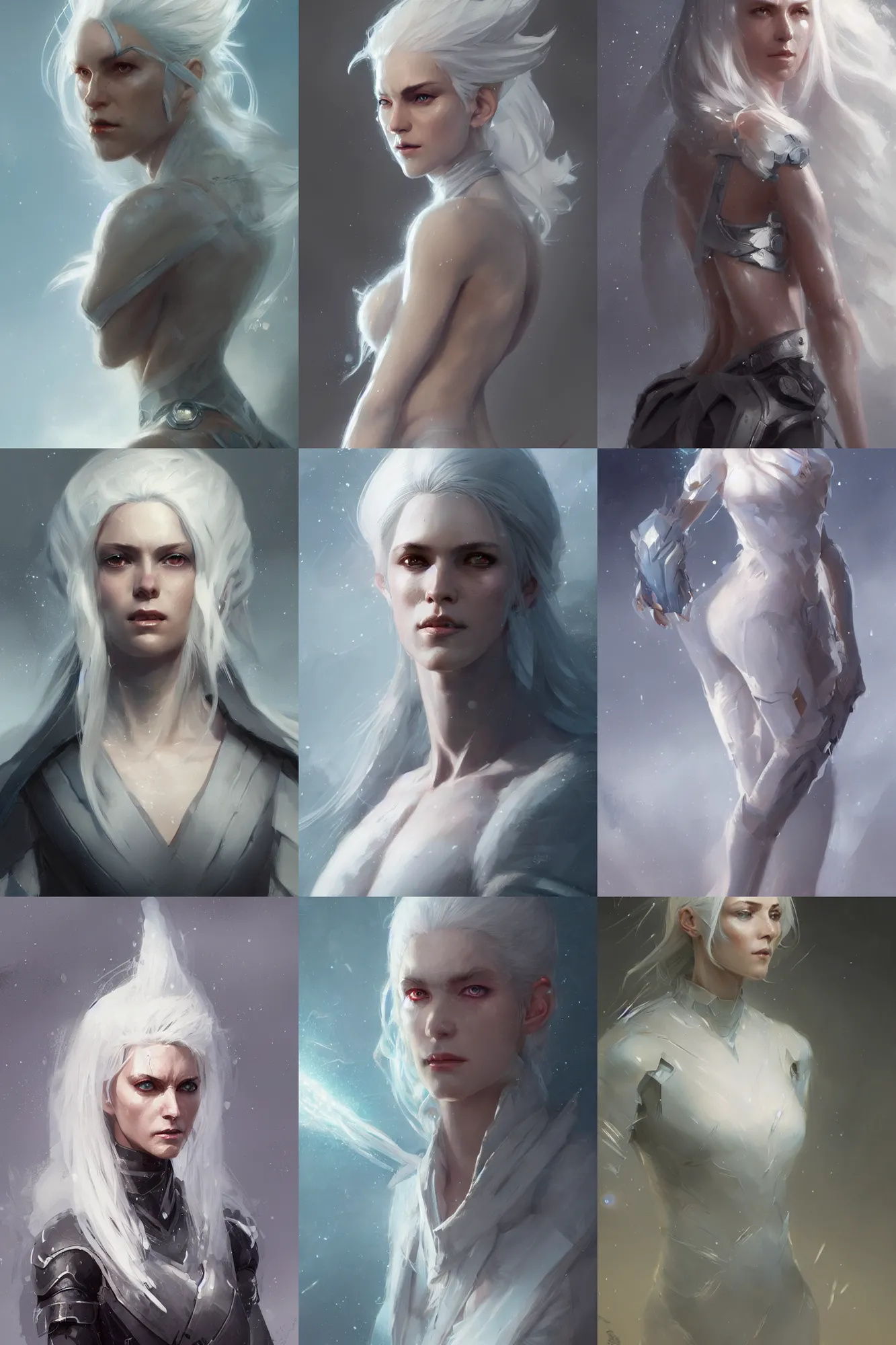 Prompt: full length portrait of a random gorgeous white haired fantasy scifi female character by greg rutkowski, highly detailed, portrait, scifi, digital painting, artstation, concept art, smooth, sharp focc