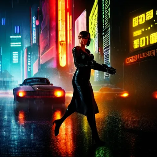 Image similar to jennifer connely starring in a cyberpunk movie in a distopic futuristic city in the style of bladerunner, movie still, highly detailed, rainy night, volumetric lights, dramatic, scifi