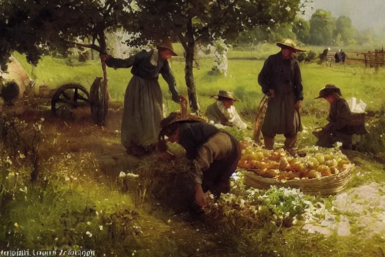 Image similar to simple amish farmers tending to their cottage vegetable gardens, art by anders zorn, wonderful masterpiece by greg rutkowski, beautiful cinematic light, american romanticism thomas lawrence, greg rutkowski