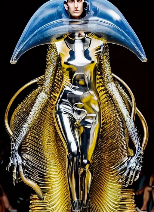 Prompt: walking down the catwalk, steven klein, mert alas and marcus piggott, show, stage, vogue photo, podium, fashion show photo, iris van herpen, beautiful woman, full body shot, helmet on face, masterpiece, inflateble shapes, plant predator, giger, guyver, jellyfish, biomechanical details, vibrant, blue gold color scheme