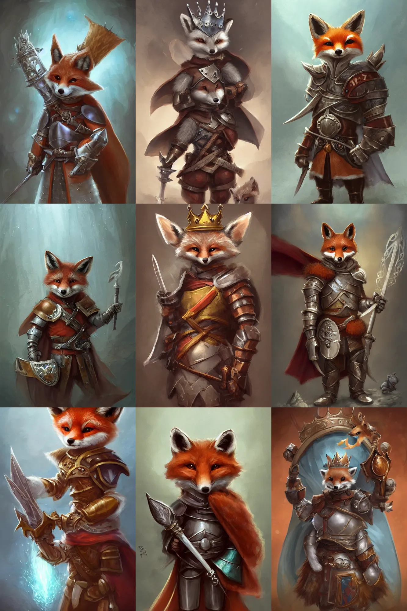 Image similar to cute little anthropomorphic foxy knight wearing a cape and a crown, tiny, small, miniature fox, baby animal, short, pale blue armor, cute and adorable, pretty, beautiful, DnD character art portrait, matte fantasy painting, DeviantArt Artstation, by Jason Felix by Steve Argyle by Tyler Jacobson by Peter Mohrbacher, cinematic lighting