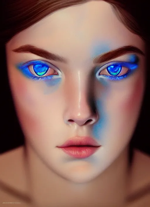 Image similar to portrait of a gorgeous girl, perfect blue eyes, detailed iridescent floral pattern skin, ultra realistic, cinematic lighting, depth of field, artstation, Gottfried Helnwein