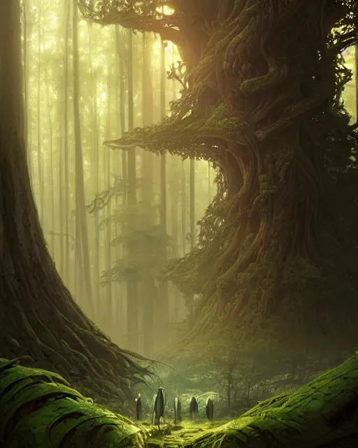 Prompt: forest of enormous trees surrounding a magical pod, deep focus, d & d, fantasy, intricate, elegant, highly detailed, digital painting, artstation, concept art, matte, sharp focus, illustration, hearthstone, art by greg rutkowski and alphonse mucha and andreas rocha