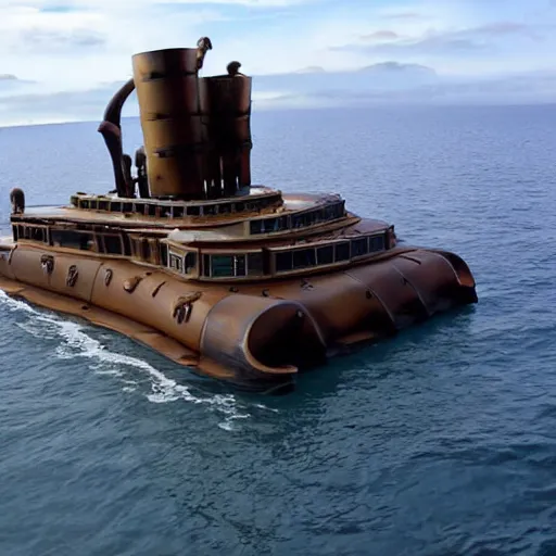 Prompt: a giant steampunk catamaran, amazing steampunk dieselpunk ship, giant catamaran in the ocean