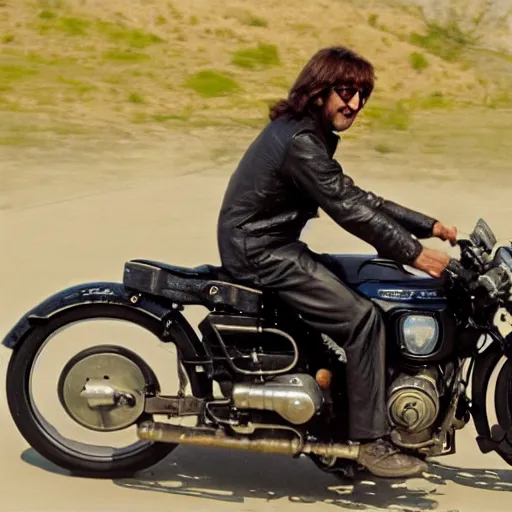 Image similar to john lennon riding a motorcycle in the movie born to be wild, cinematic sureal 3d 8k