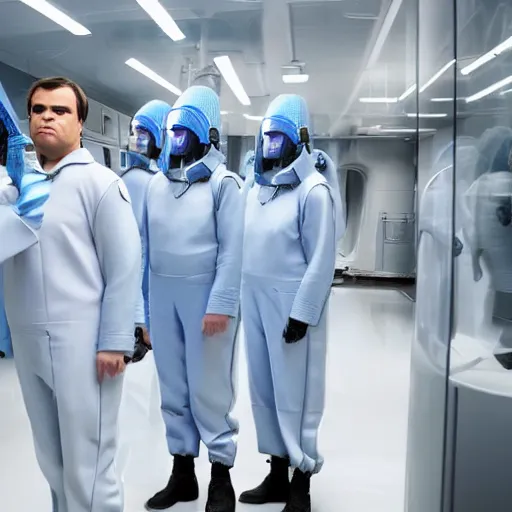 Image similar to troop jack black clones with white bob hairdos, tight light blue and lavender neopren suits, standing next to tall scientist looking at a clipboard, futuristic cloning facility, sci - fi, highly detailed, cinematic