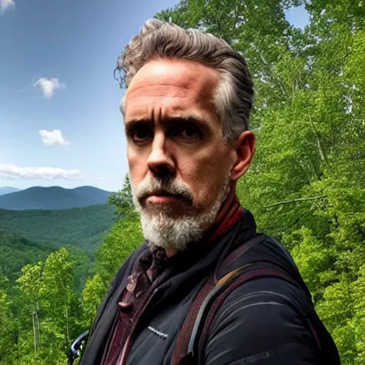 Prompt: Jordan B Peterson, Hiking in appalachia, chased by a bear