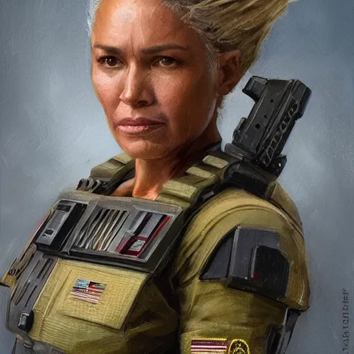 Image similar to portrait of a woman by greg rutkowski, she is a mixture between slav and samoan features, blonde short hair, she is about 7 0 years old, impeccable military composure, wearing tactical gear of the galactic alliance, star wars expanded universe, highly detailed portrait, digital painting, artstation, concept art, smooth, sharp foccus ilustration, artstation hq