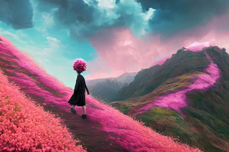 Image similar to giant dahlia flower crown under head, girl walking on dramatic mountain, surreal photography, pink storm clouds, sunset, impressionist painting, digital painting, artstation, simon stalenhag