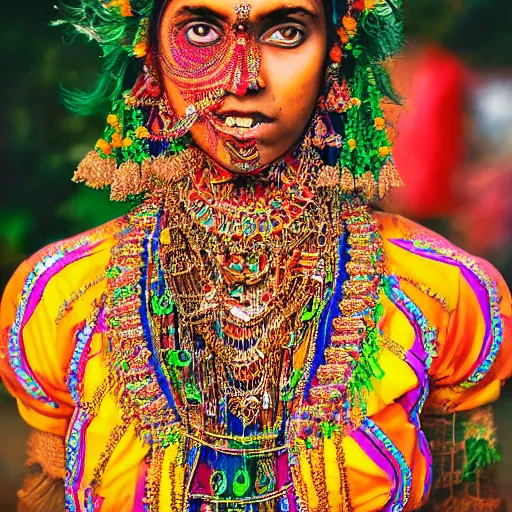 Image similar to photograph of an indian hindu woman in an intricate beautiful dress, ornate, psychedelic, hdr 4 k, award - winning photograph, national geographic