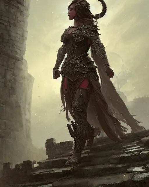 Image similar to A beautiful warrior walking up the castle stairs, beautiful castle, highly detailed armor, fantasy art, female art, in the style of greg rutkowski, illustration, epic, fantasy, intricate, hyper detailed, artstation, concept art, smooth, sharp focus, ray tracing