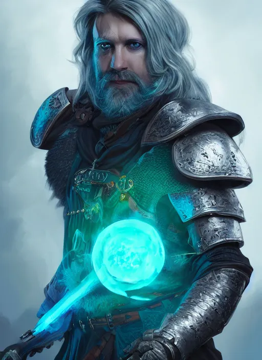 Image similar to A striking epic hyper real portrait painting of aasimar hexblade warlock, teal electricity, male, shaggy silver hair, short beard, 4k, 8k, Apex Legends Concept Art, D&D Concept Art, unreal 5, DAZ, hyperrealistic, octane render, cosplay, RPG portrait, dynamic lighting