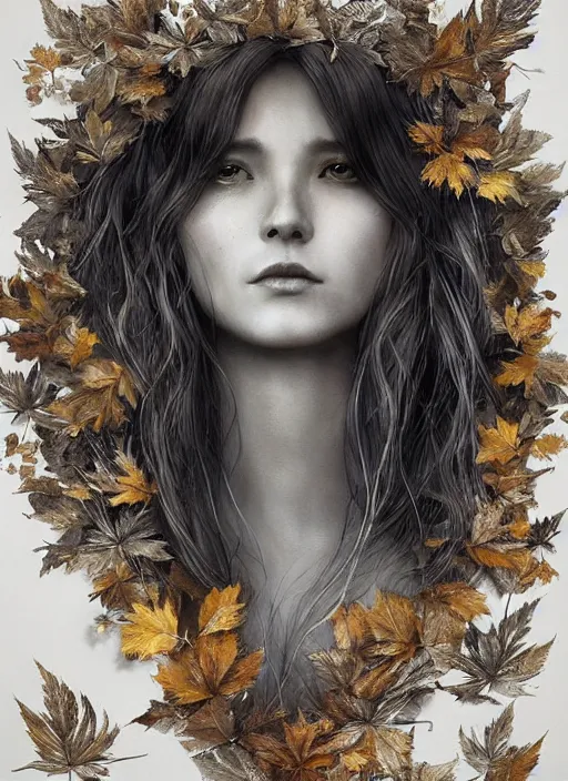 Image similar to golden leaves at frame border, creative!!! composition for a book cover!!!, absurdly beautiful, ultrafine hyperrealistic detailed old witch face by wlop and artgerm and greg rutkowski, intricate linework, sharp focus, smooth, octopath traveler, final fantasy, unreal engine, dramatic lighting, ethereal, 8 k