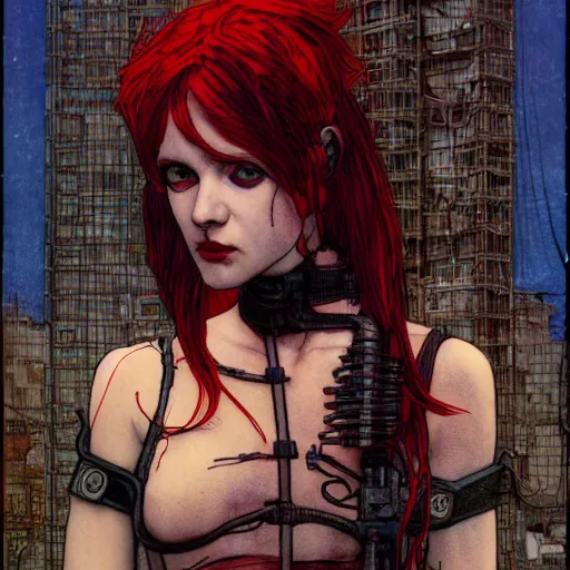 Image similar to redhead female cyberpunk, wires cables skulls, machines, in the style of john william waterhouse, and michael w kaluta, 4 k photo autochrome