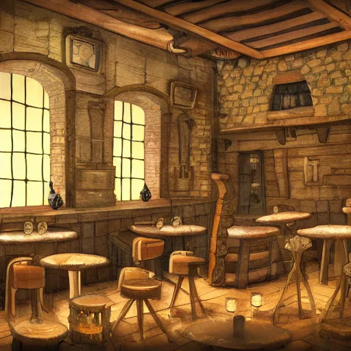 Prompt: Interior design of Medieval Cybepunk Tavern, Many details