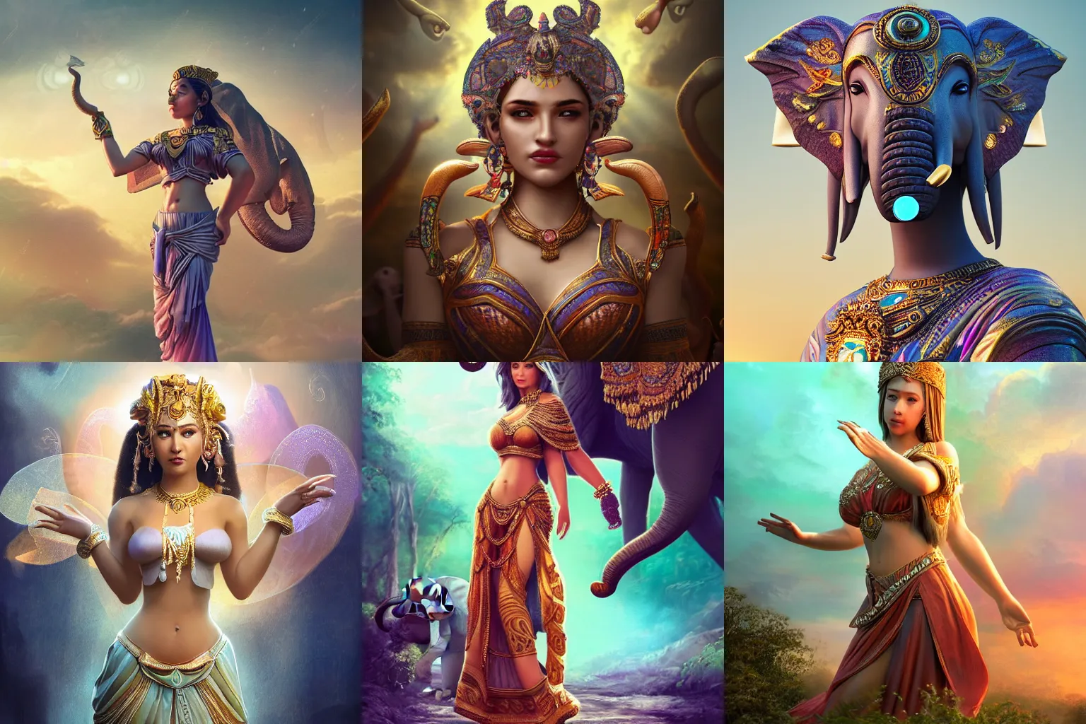 Prompt: a beautiful female goddess of elephants character, character is in all its glory, character is centered on the image, character is in her natural pose, rim lights, magic in the air, fancy clouds, highly detailed professional photo, dynamic lights, particles are flying, depth of field, trending on artstation, illustration, hyper realistic, vray caustics, super detailed, colorful accents, cinematic shot