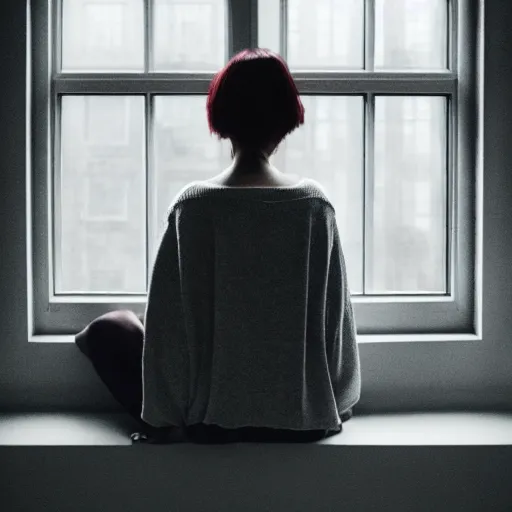 Image similar to a woman sitting on a window sill looking out the window, hands on cheeks, grey sweater, a stock photo by chen jiru, tumblr, aestheticism, movie still, pretty, pixiv