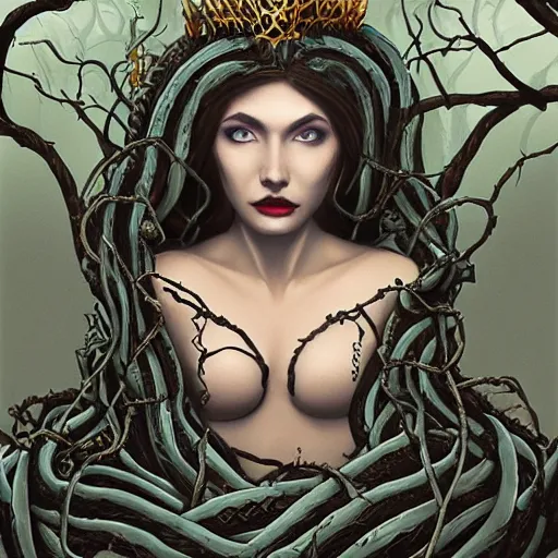 Image similar to dark queen of snakes, crown of snakes, blue skin, realism, dark fantasy, surrounded by thorned vines, unreal engine, artstation