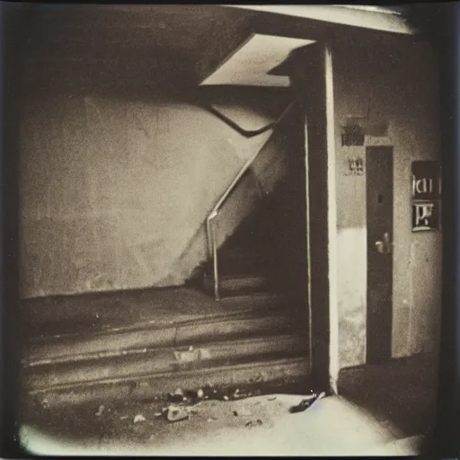 Image similar to a humanoid creature at the bottom of a dark stairwell, dark!, creepy, unsettling, uncanny valley!!!, old polaroid, expired film,