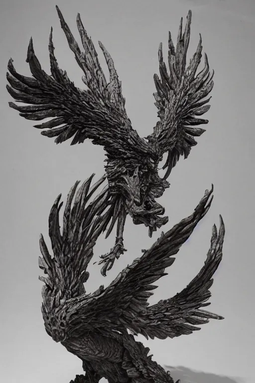 Prompt: hyperdetailed brutalist sculpture of a phoenix by berto lardera illustrated by alan lee