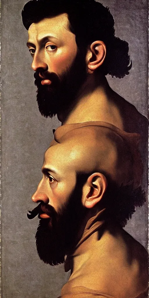 Prompt: midle-aged gigachad with thick eyebrows, short brown hair and short beard, very detailed, smooth, realistic, painted by Caravaggio, painted by Buguereau