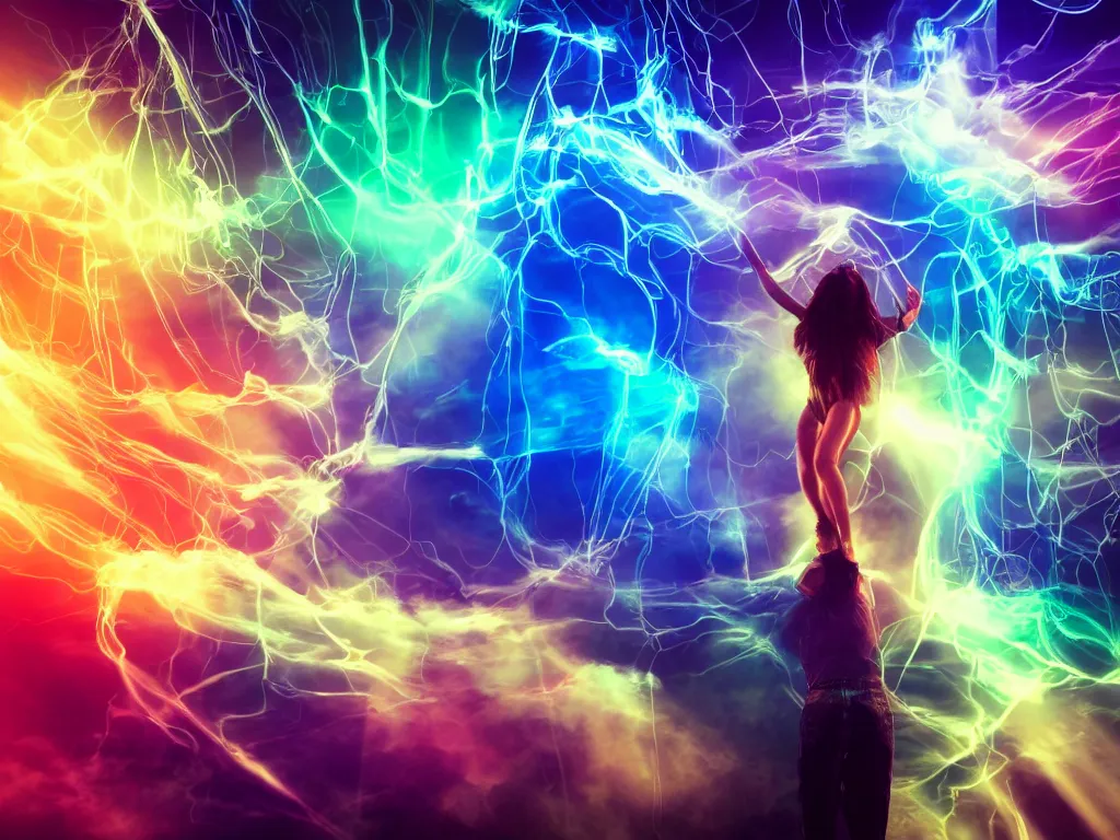 Image similar to a dancer in a rgb backlit environment, heavenly, cables, pc cooling equipment, clouds, mist, realistic