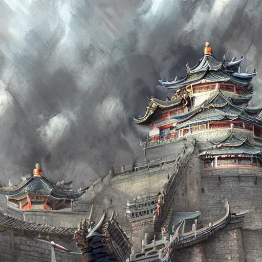 Image similar to dynamic composition, motion, ultra-detailed, incredibly detailed, a lot of details, amazing fine details and brush strokes, colorful and grayish palette, smooth, HD semirealistic anime CG concept art digital painting, watercolor oil painting of epic castle gate, from Three Kingdoms, by a Chinese artist at ArtStation, by Huang Guangjian, Fenghua Zhong, Ruan Jia, Xin Jin and Wei Chang. Realistic artwork of a Chinese videogame, gradients, gentle an harmonic grayish colors.