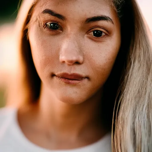 Prompt: closeup photo of a beautiful woman face, golden hour, bokeh, 8 0 mm lens, polaroid