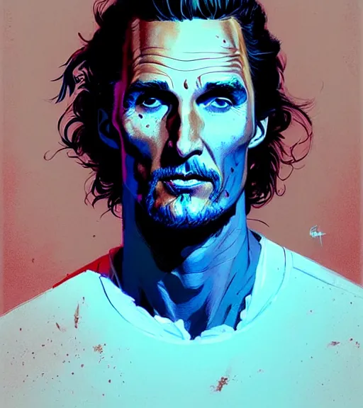Prompt: portrait of beautiful warrior matthew mcconaughey, by atey ghailan, by greg rutkowski, by greg tocchini, by james gilleard, by joe fenton, by kaethe butcher, dynamic lighting, gradient light blue, brown, blonde cream and white color scheme, grunge aesthetic