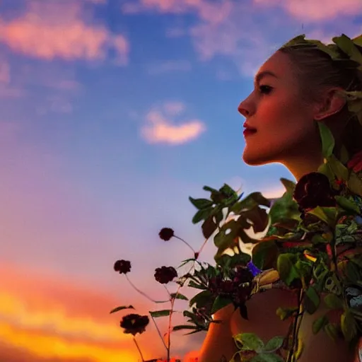 Prompt: A world of various flowers and plants, in which there is a figure of a human, dressed in something magical and impressive, inside this clothes infinity is all in sunset light