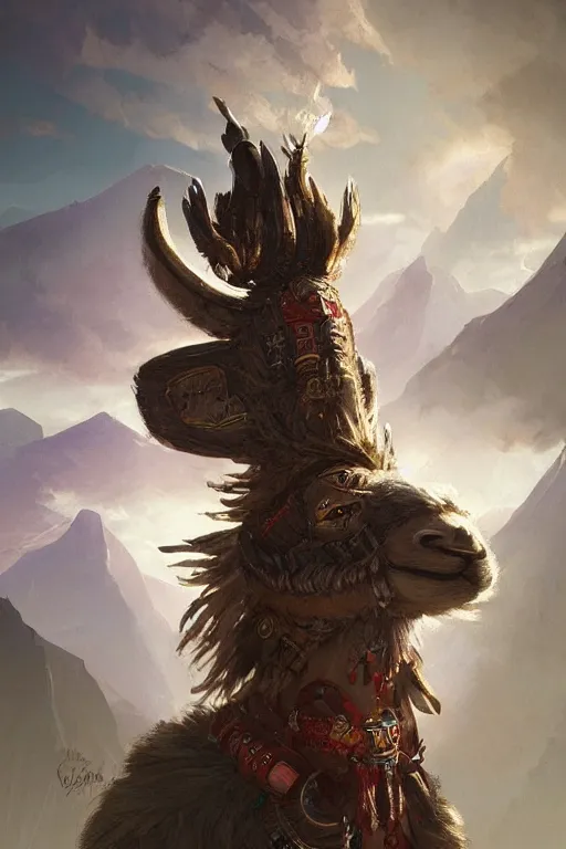 Prompt: Hyperdetailed masterpiece concept art of Llama warrior of the Incas hyperdetailed concept art by Greg Rutkowski and Ross Tran, high quality DnD illustration, trending on ArtStation, all rights reserved Wizards of the Coast.