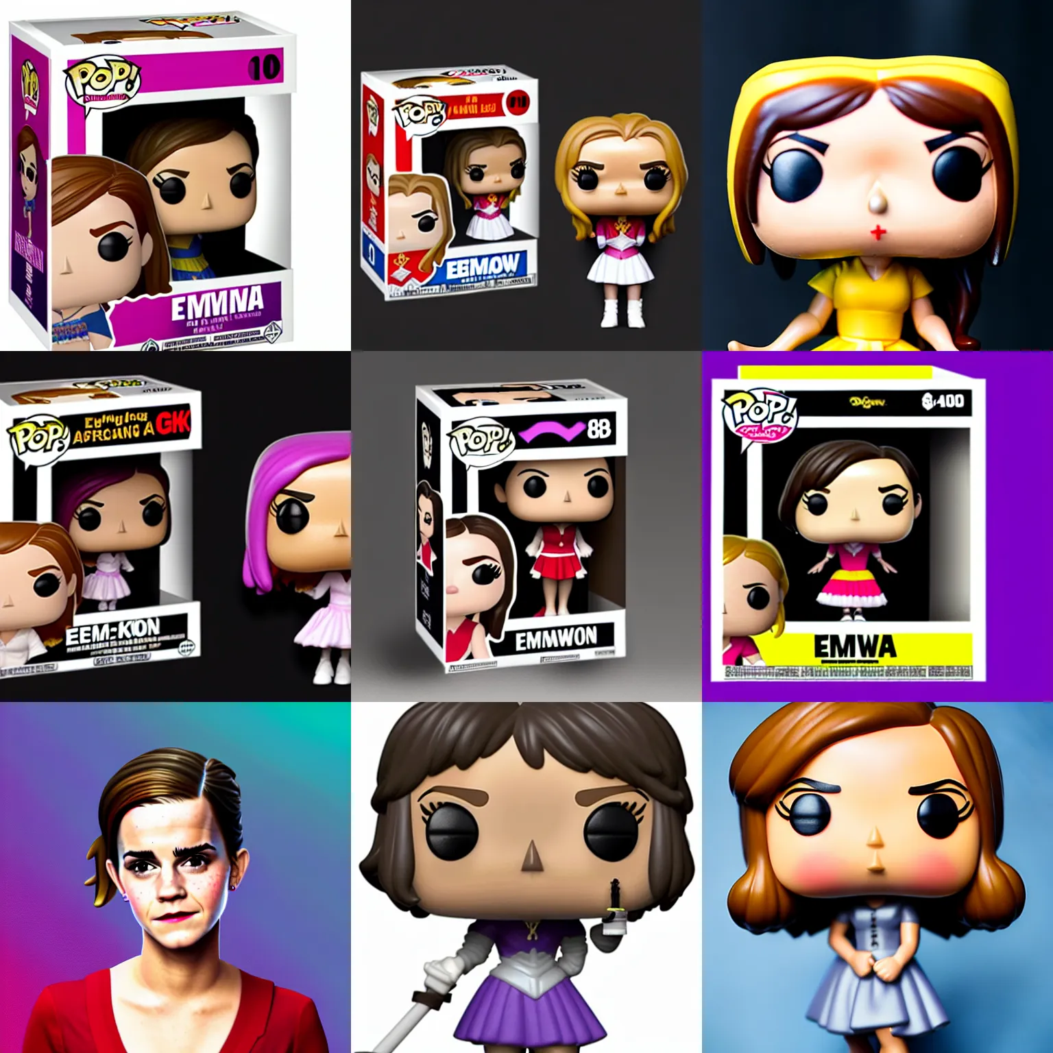 Prompt: logo of a funko - pop!!! of emma watson!!! 8 k marketing advertisement