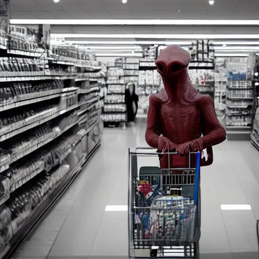 Prompt: mid shot of a roswell alien buying groceries at the store shot by amanda carlson and alex strelkovv, professional photo, masterpiece, very detailed, 4 k