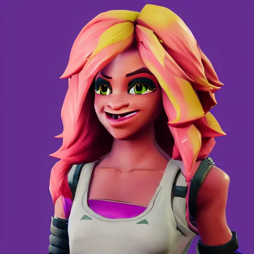 Prompt: fortnite game 3d skin models, long pink hair, full bangs, hazel eyes, cute freckles, soft smile, golden hour, beach setting, medium shot, mid-shot, trending on Artstation, Unreal Engine 4k