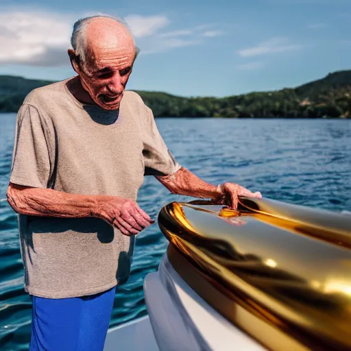 Image similar to wrinkled hunchbacked old man polishing the side of a gold plated mega yacht