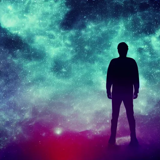 Image similar to silhouette of man, filled with deep space field of twinkling stars, award-winning portrait, fantasy horror, 8k, 4k, , matte finish, pixiv, unnerving, volumetric lighting, highly detailed