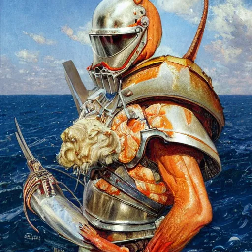 Prompt: shrimp fish as a fantasy knight, closeup portrait art by norman rockwell and donato giancola and greg rutkowski,