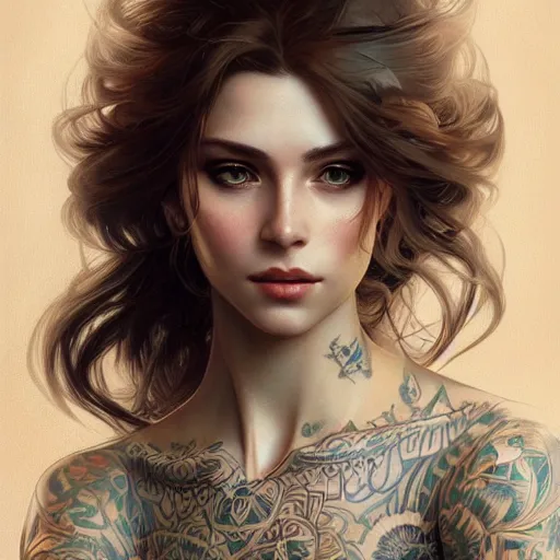 Prompt: ultra realistic illustration, a hot and beautiful tattooed slavic woman in her 3 0's, intricate, elegant, highly detailed, digital painting, artstation, concept art, smooth, sharp focus, illustration, art by artgerm and greg rutkowski and alphonse mucha