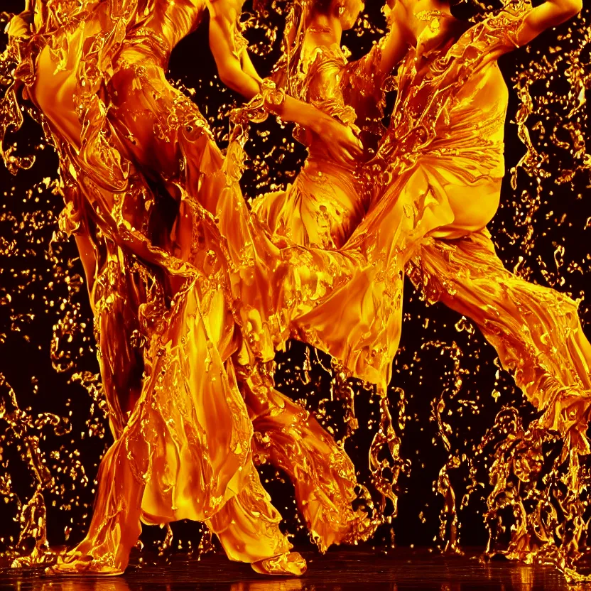 Prompt: tango dancers made of liquid flowing honey and molten gold, high definition 4k texture,