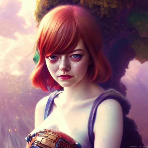 Image similar to emma stone as anime girl, mushroom kingdom, fantasy character portrait, concept art, interesting angle, intricate details, highly detailed by greg rutkowski, gaston bussiere, craig mullins, simon bisley