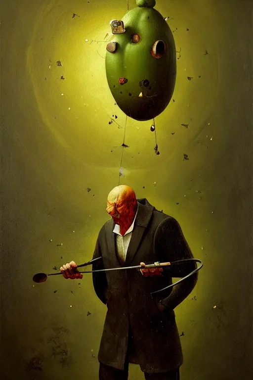 Image similar to hieronymus bosch, greg rutkowski, anna podedworna, painting of a human pickle in a suit