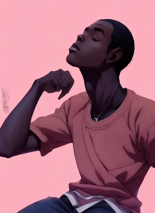 Prompt: handsome hip hop young black man, no hands, model pose, sad, anime style, scenery wallpaper aesthetic, pastel colors, symmetrical face, cinematic, dramatic, super detailed and intricate, hyper realistic, 4 k render, by artgerm, by kyoung hwan kim, by ralph mcquarrie, by yoshiyuki tomino