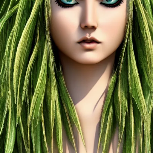 Prompt: salix babylonica tree leaves as hair, female elf with green skin with hair made from leaves from weeping willow tree, elf smiling, fantasy, cgi, detailed eyes, in style of lord of the rings