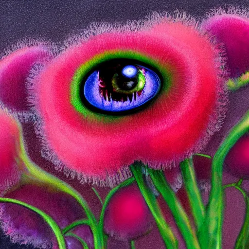 Image similar to cute fluffy carniverous plants with eyes colorful detailed painting 4k