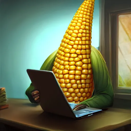 Image similar to anthropomorphic corn cob typing on his laptop in a dark room, face illuminated, hyperrealistic, artstation, 8 k, concept art, very detailed, hd, digital painting, dramatic lighting