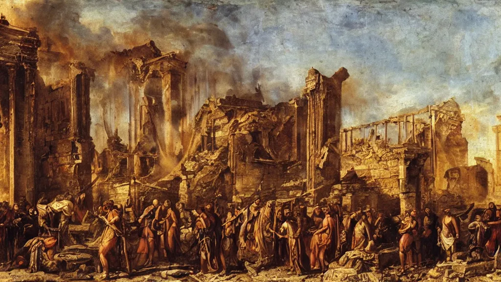 Prompt: roman imperial standard in front of burning roman buildings and rubble and gothic raiders,early medieval, oil painting, cinematic, late antiquity, roman