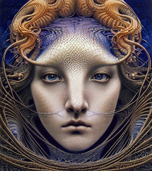 Prompt: detailed realistic beautiful night goddess face portrait by jean delville, gustave dore, iris van herpen and marco mazzoni, art forms of nature by ernst haeckel, art nouveau, symbolist, visionary, gothic, neo - gothic, pre - raphaelite, fractal lace, intricate alien botanicals, ai biodiversity, surreality, hyperdetailed ultrasharp octane render